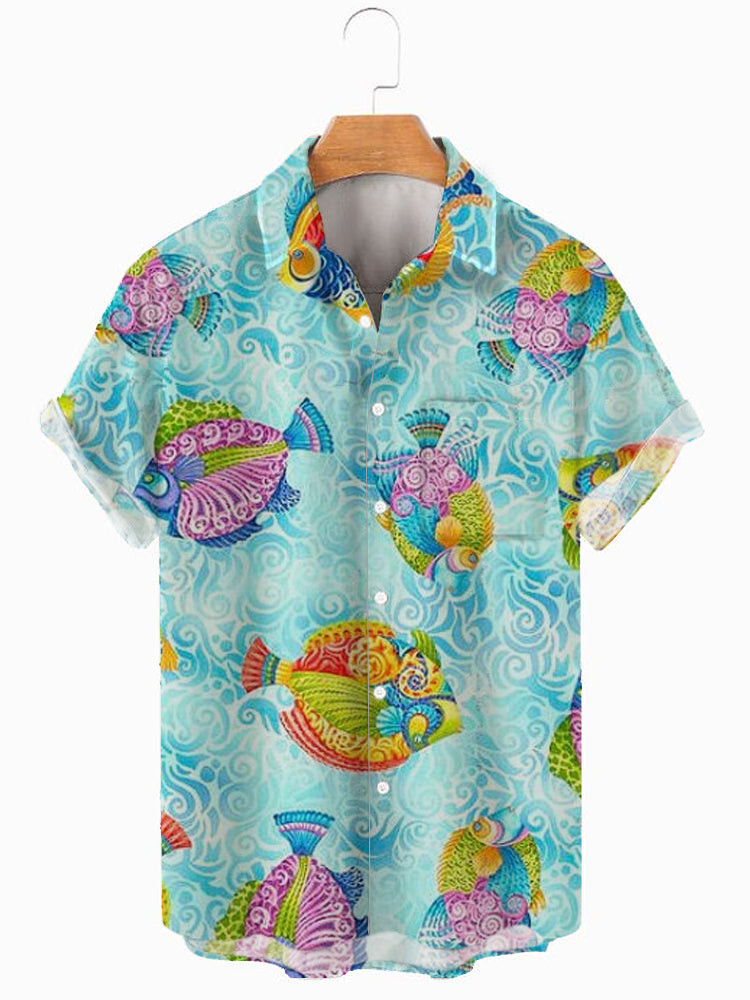 MenS Holiday Fish Print Hawaiian Shirt Summer Hawaiian