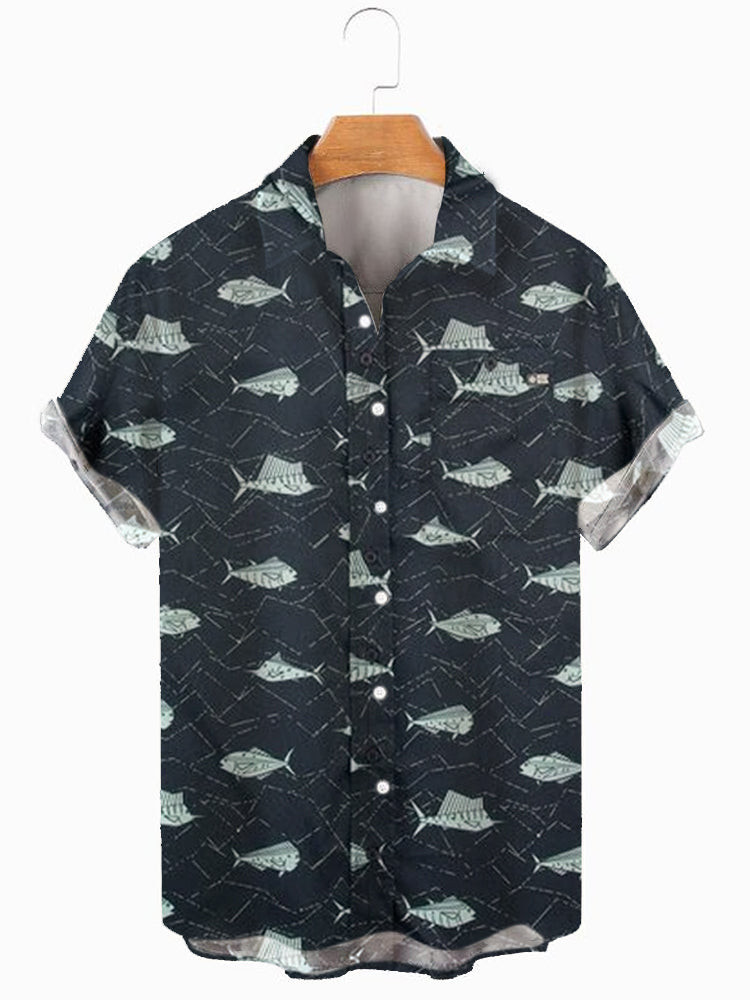 MenS Holiday Style Fish Print Short-Sleeved Hawaiian Shirt Summer Hawaiian