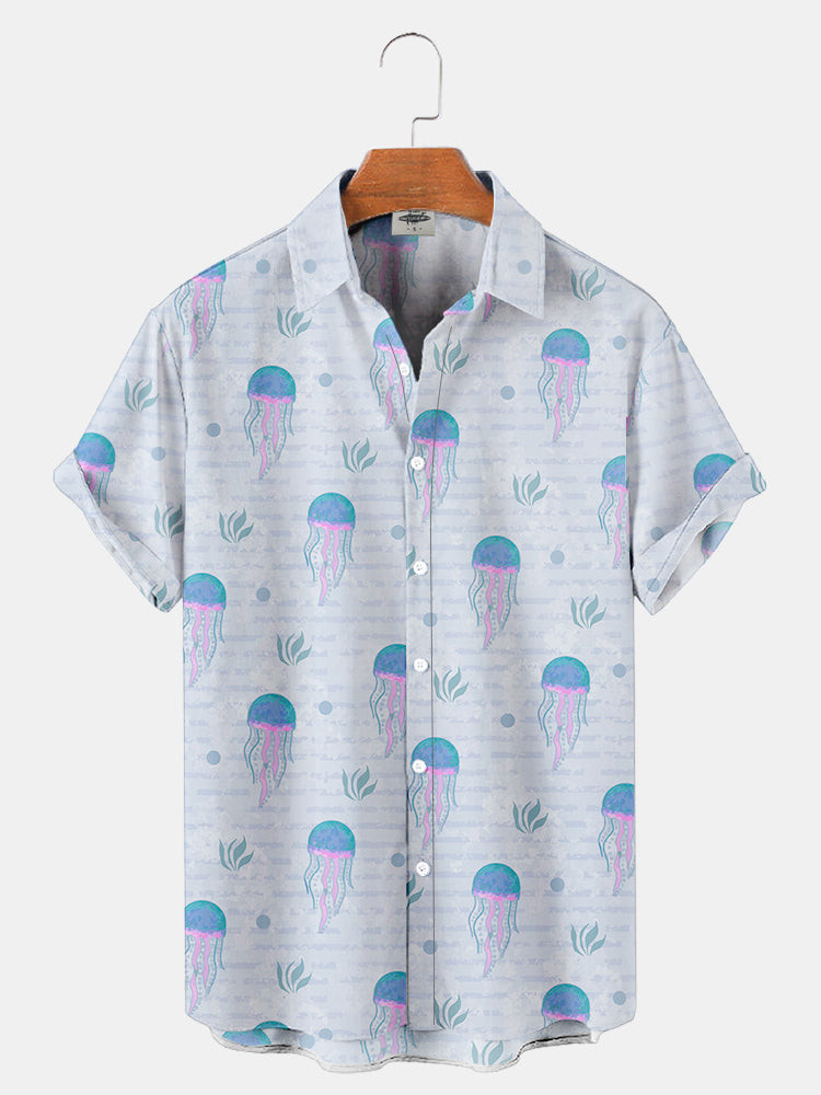 MenS Jellyfish Print Hawaiian Shirts Summer Hawaiian