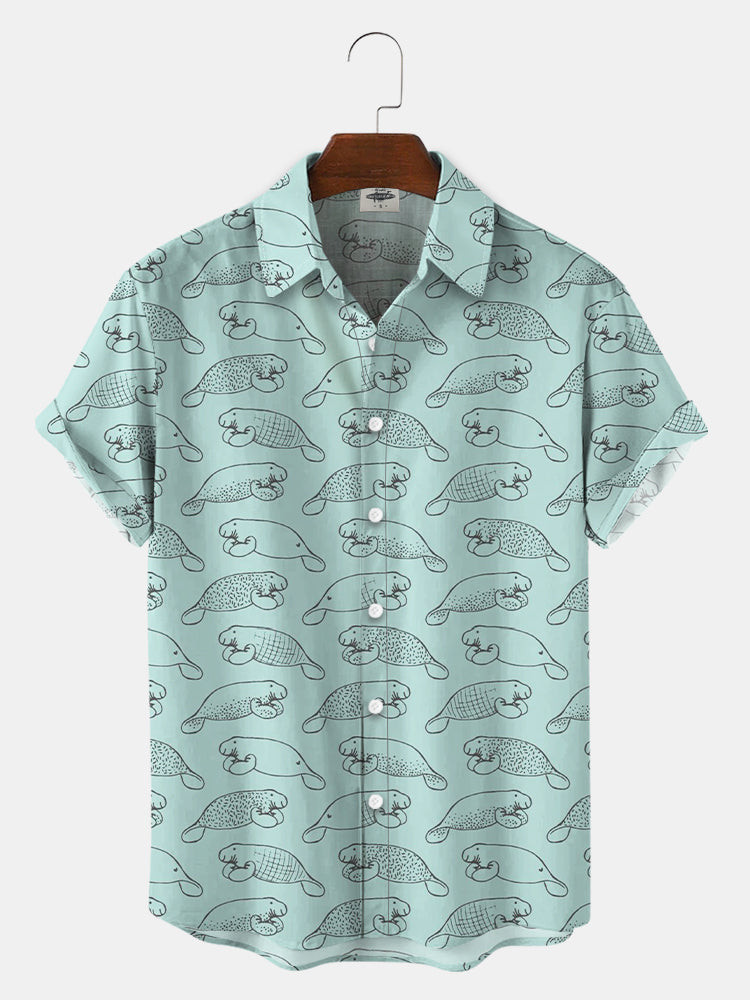 MenS Manatee Print Hawaiian Shirts Summer Hawaiian