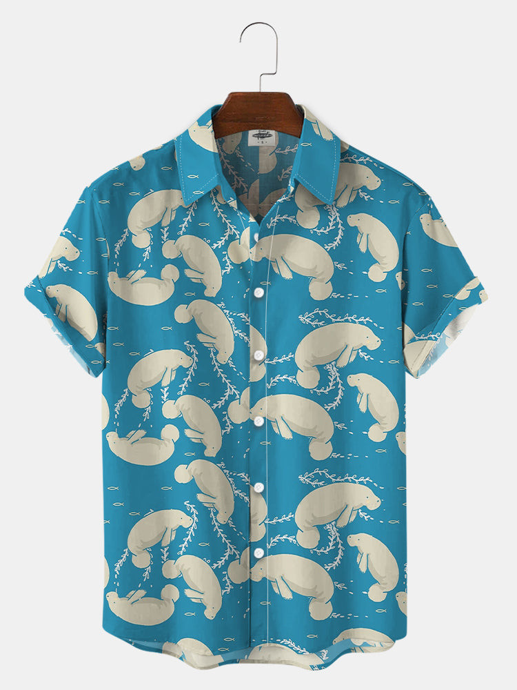 MenS Manatee Print Hawaiian Shirts Summer Hawaiian