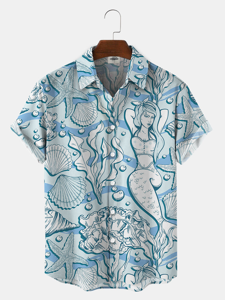 MenS Mermaid Print Hawaiian Shirts Summer Hawaiian