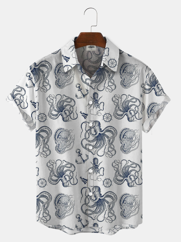MenS Octopus And Sea Life Print Hawaiian Shirts Summer Hawaiian
