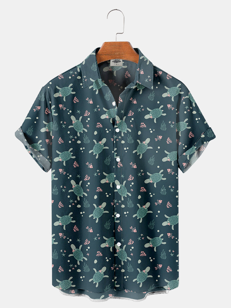 MenS Sea Turtle Print Hawaiian Shirts Summer Hawaiian