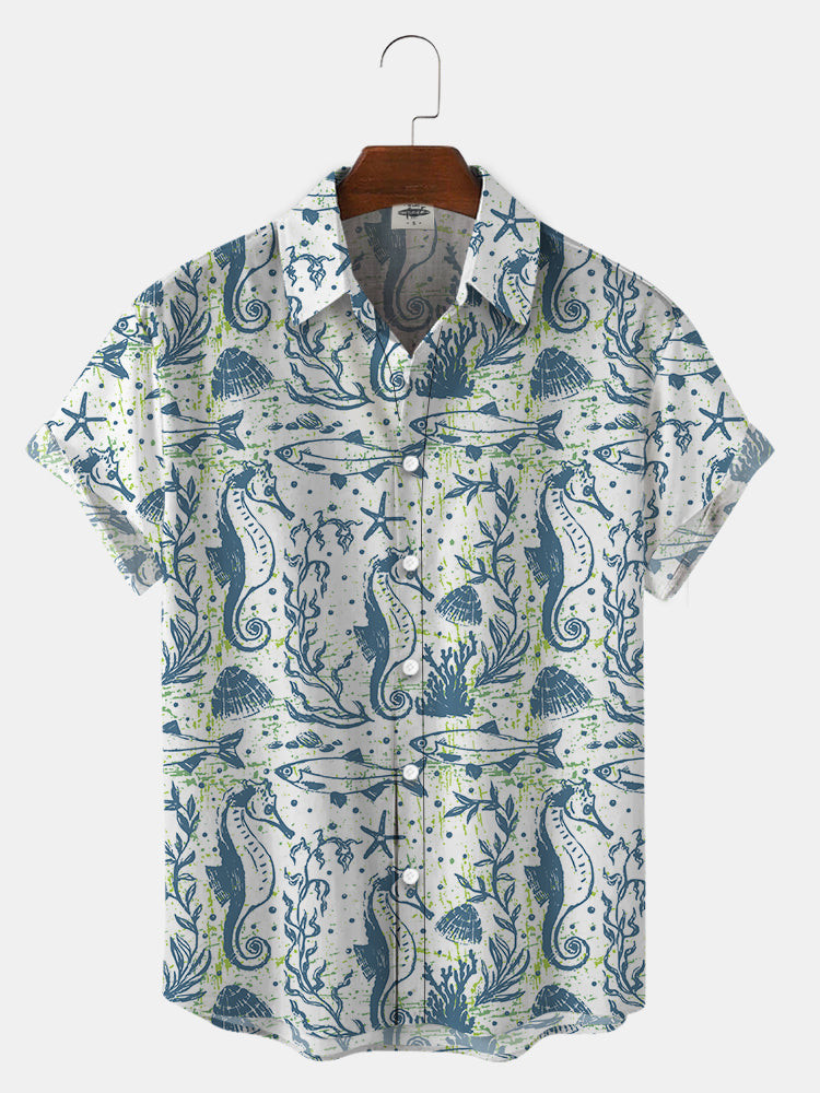 MenS Seahorse And Fish Print Hawaiian Shirt Summer Hawaiian