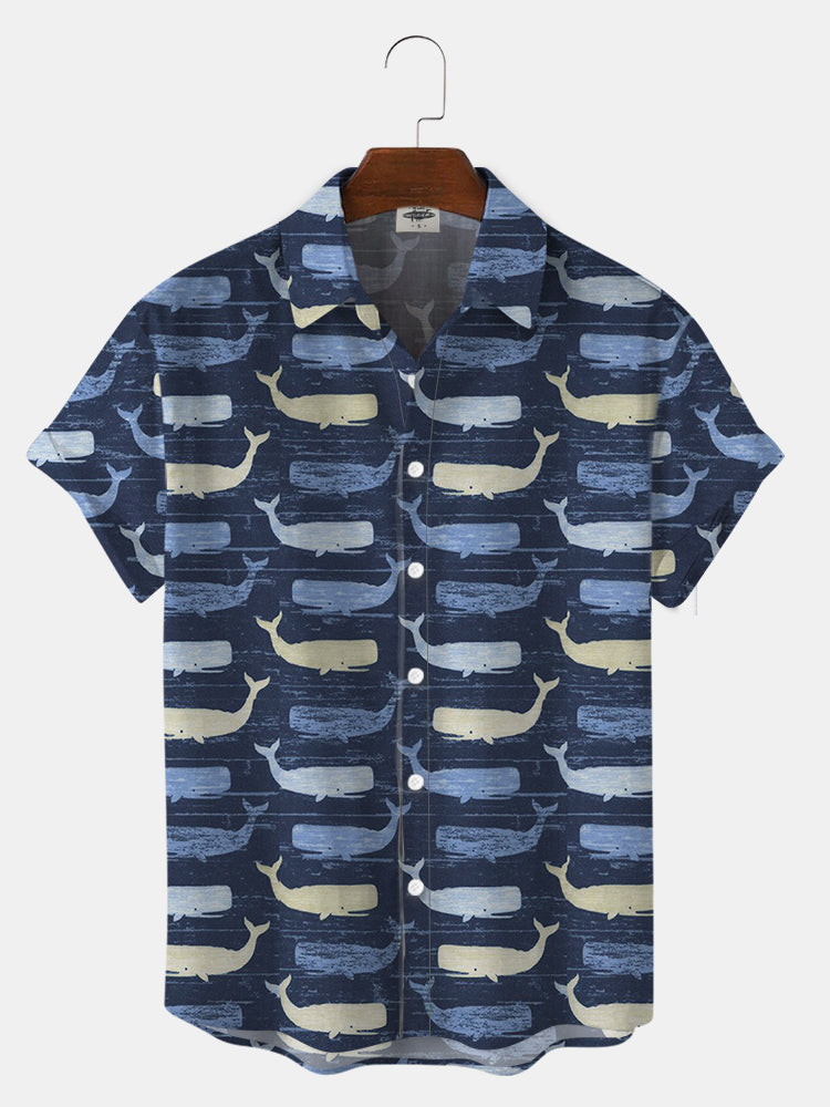 MenS Sperm Whale Print Hawaiian Shirts Summer Hawaiian