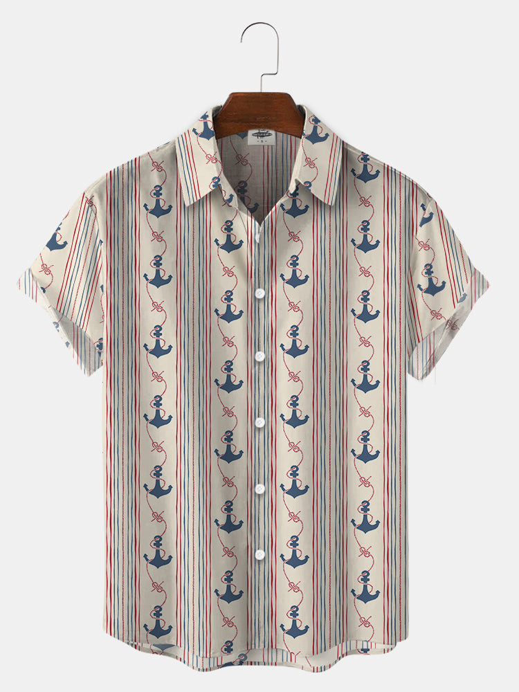 MenS Stripe And Anchor Print Hawaiian Shirts Summer Hawaiian