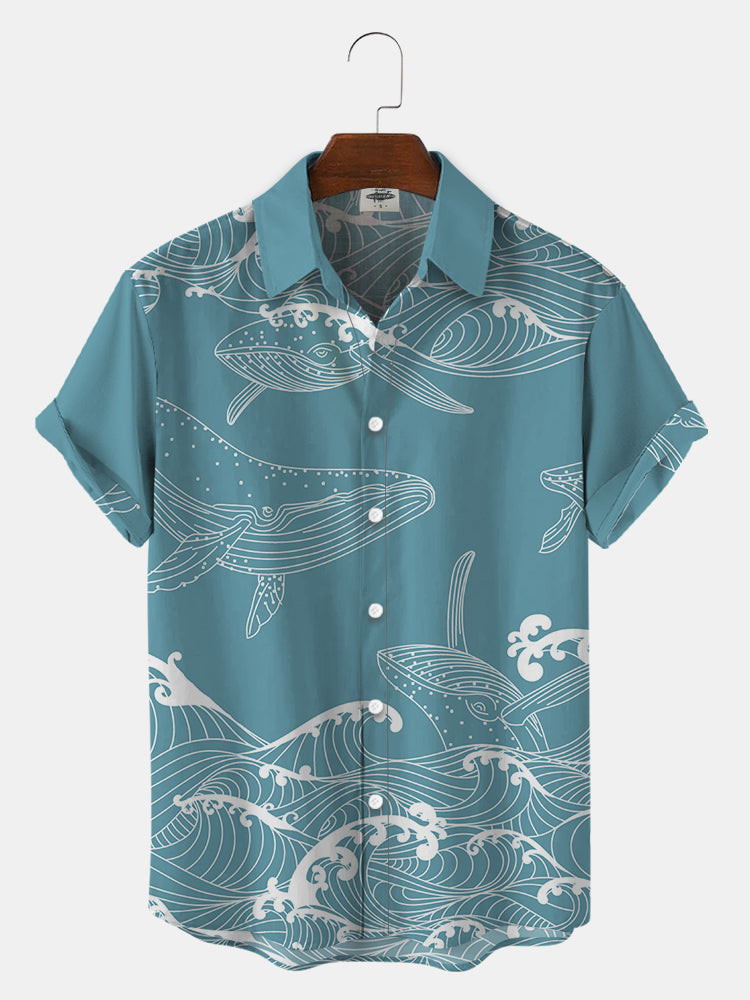 MenS Waves And Whales Print Hawaiian Shirts Summer Hawaiian