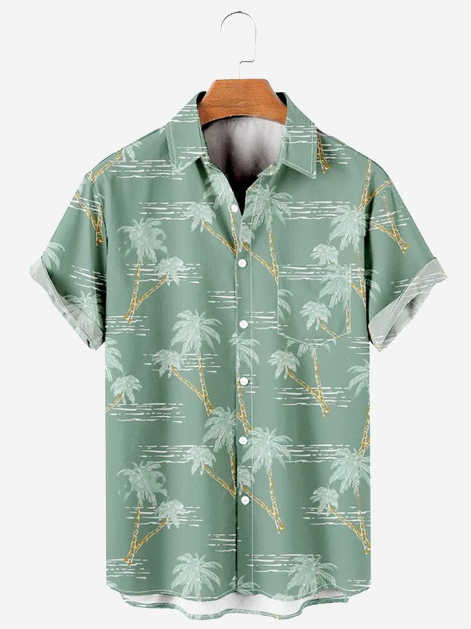 Mens 50s Classic Coconut Tree Wave Print Green Short Sleeve Hawaiian Shirt