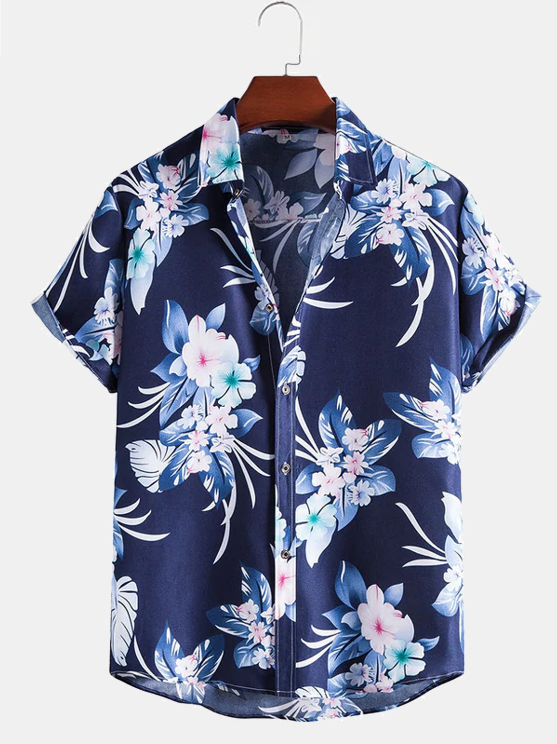 Mens 50s Classic Hawaiian Shirt Plumeria Obtusa Print Navy Blue Short Sleeve Shirt