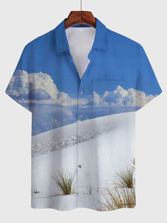 Mens Abstract Blue Sky and White Clouds Print Shirt Hawaiian Style Shirts and Tops