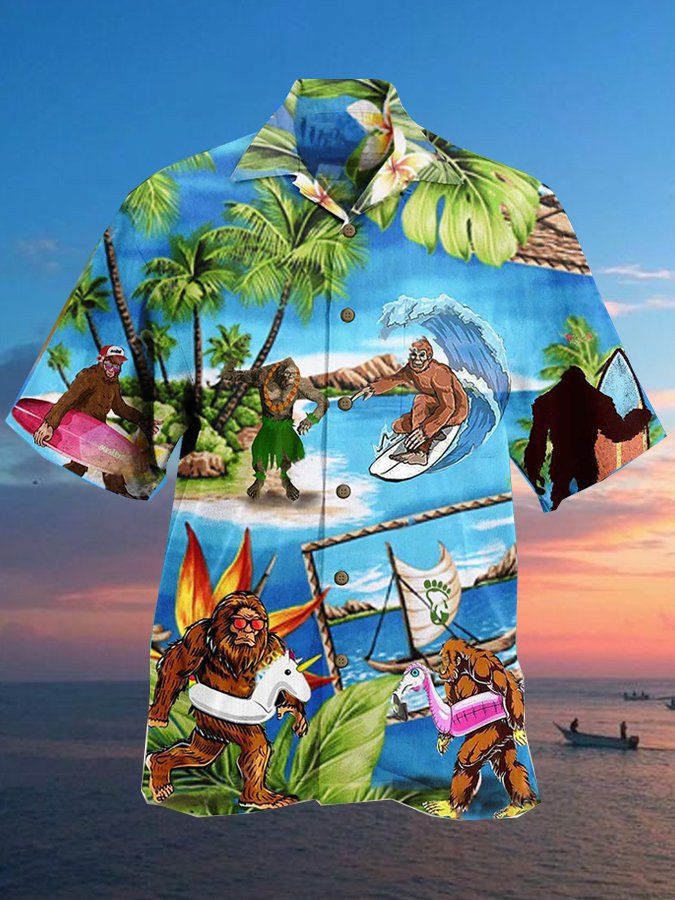 Mens Casual Bigfoot Love Beach Love Summer Short Sleeve Shirt Hawaiian Shirt for Men Women