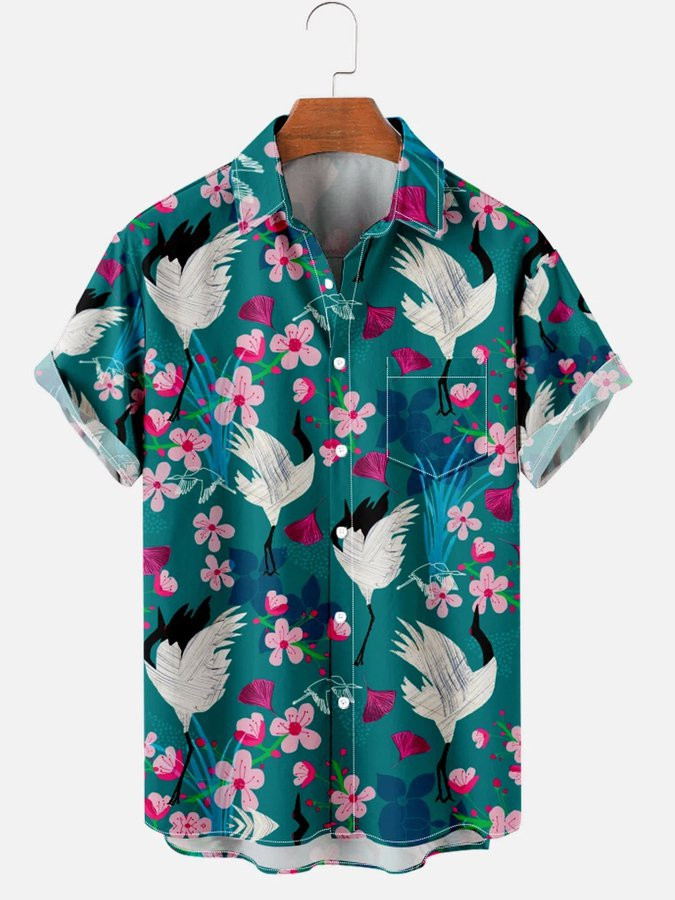 Mens Casual Crane Flower Contrast Color Short Sleeve Shirt Hawaiian Shirt for Men Women