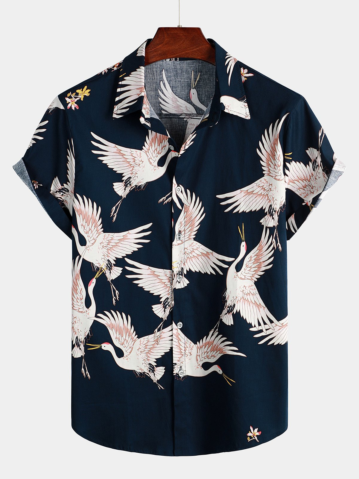 Mens Casual Crane Print Short Sleeve shirt Hawaiian Shirt for Men Women