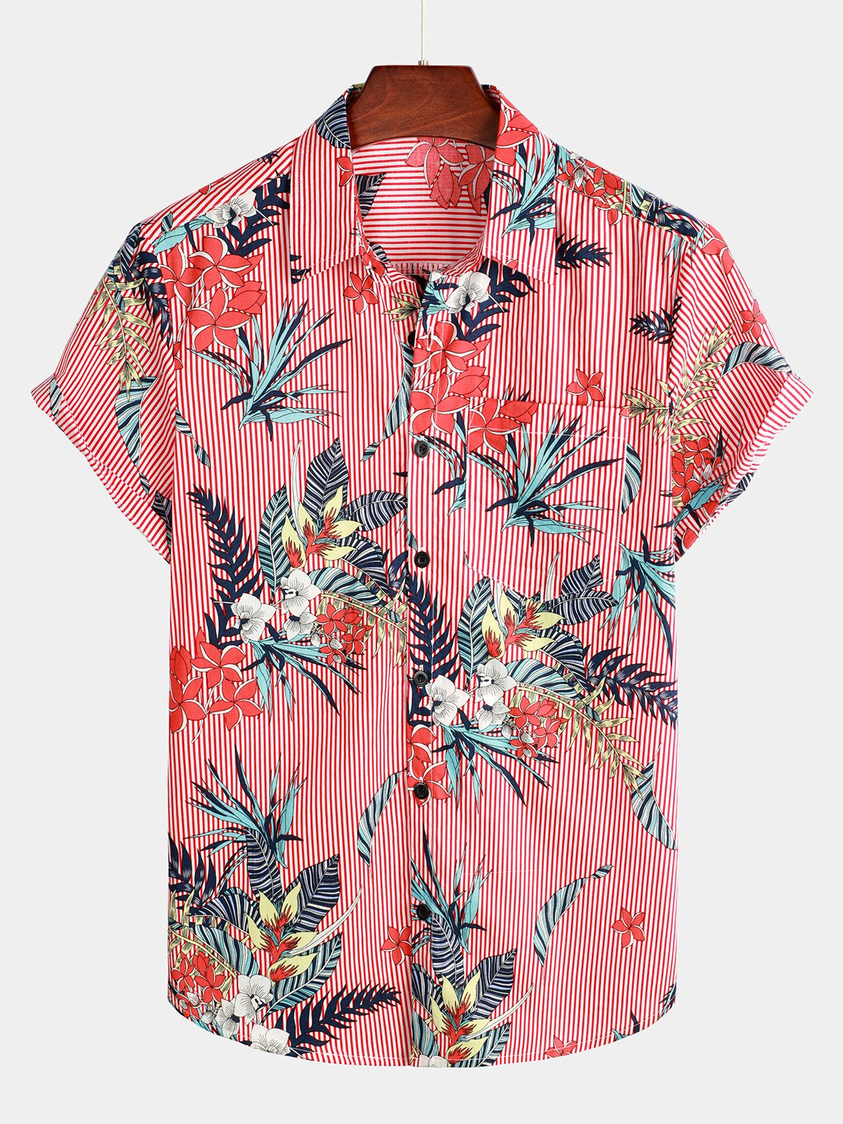 Mens Casual Floral Pocket Cotton Striped Shirt Hawaiian Shirt for Men Women