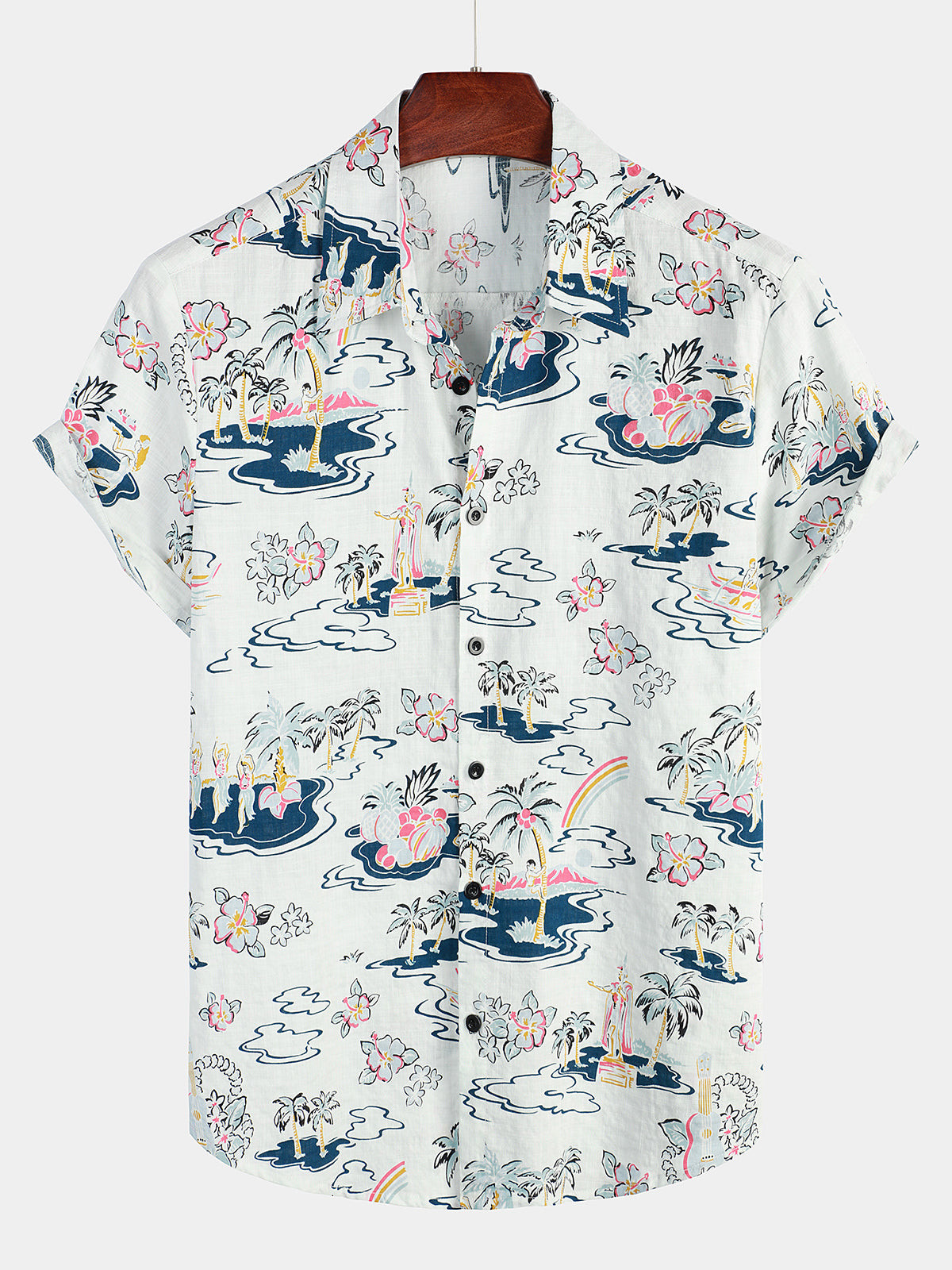 Mens Casual Hawaiian Cotton Print Short Sleeve Shirt