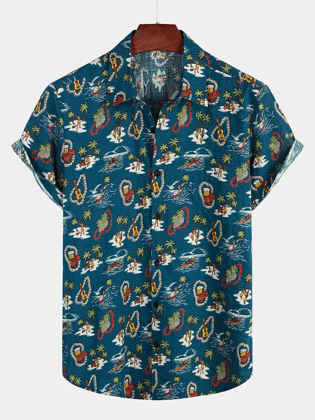 Mens Casual Hawaiian Cotton Print Short Sleeve Shirt