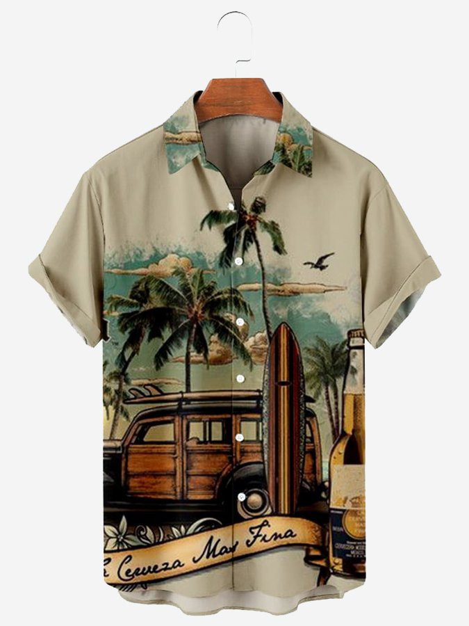 Mens Casual Hawaiian Shirt Beach Landscape Print Short Sleeve Cotton Blend Shirt