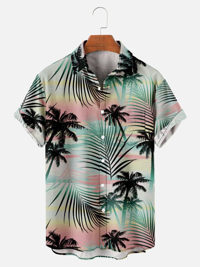 Mens Casual Hawaiian Shirt Coconut Contrast Color Print Cotton-Blend Short Sleeve Shirt