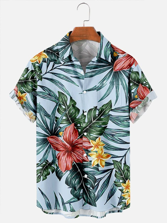 Mens Casual Hawaiian Shirt Tropical Leaves Print Blue Cotton Blend Short Sleeve Shirts