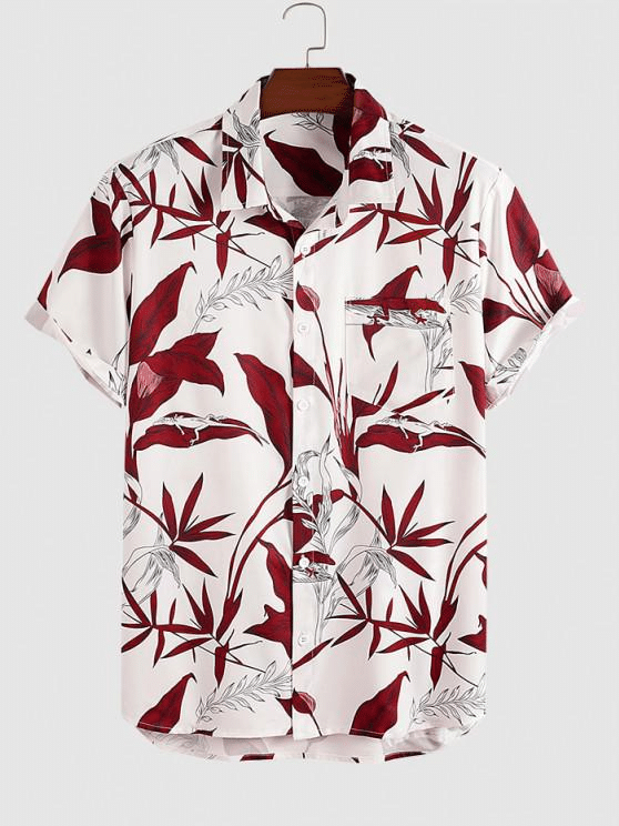 Mens Casual Hawaiian Shirts Plant Print Short Sleeve Shirt