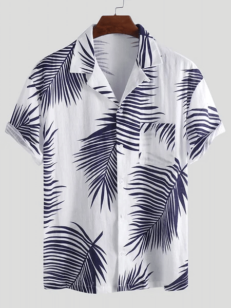 Mens Casual Leaves Print Hawaiian Shirt Tropical  Beach Blouse