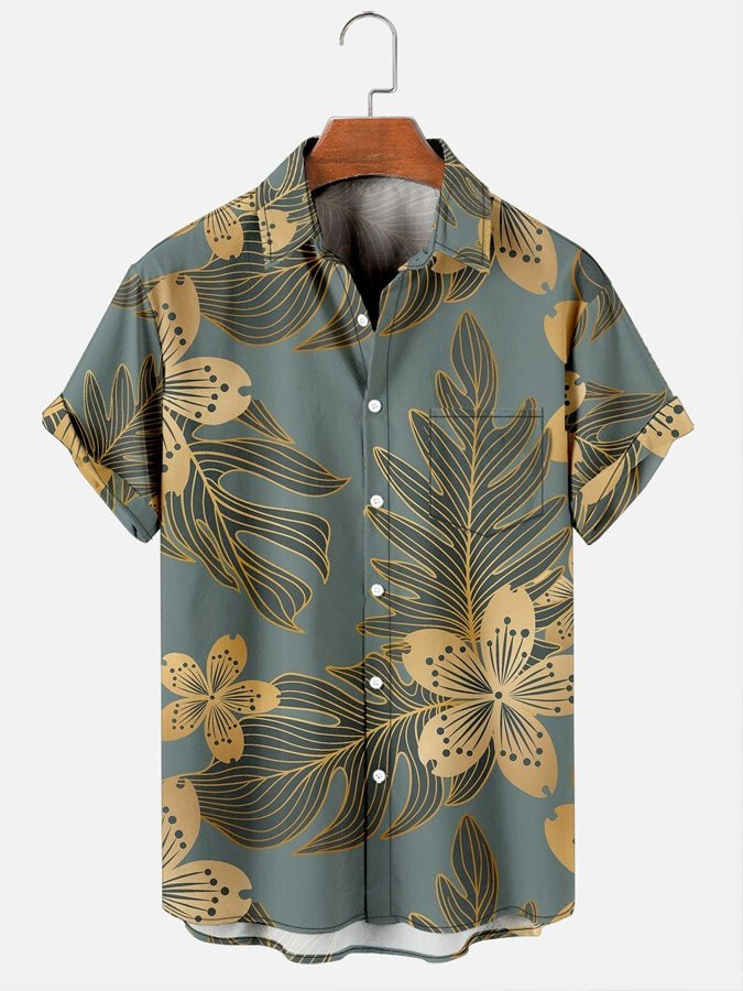 Mens Casual Monstera Plant Print Hawaiian Short Sleeve Shirt