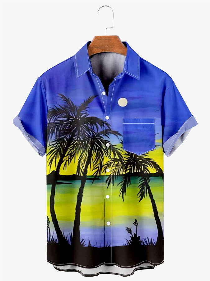 Mens Casual Palm Print Contrast Cotton Blend Short Sleeve Hawaiian Shirt