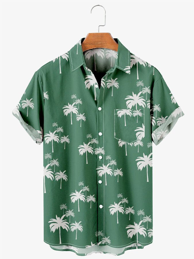 Mens Casual Palm Tree Print Green Short Sleeve Hawaiian Shirt