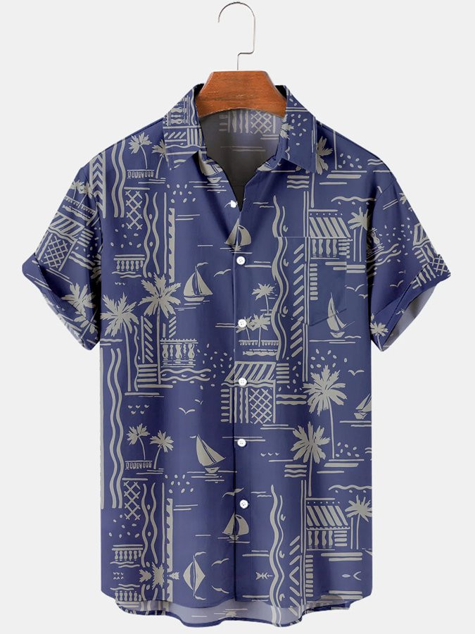 Mens Casual Palm Tree Wave Print Short-Sleeve Shirt Hawaiian Shirt for Men Women
