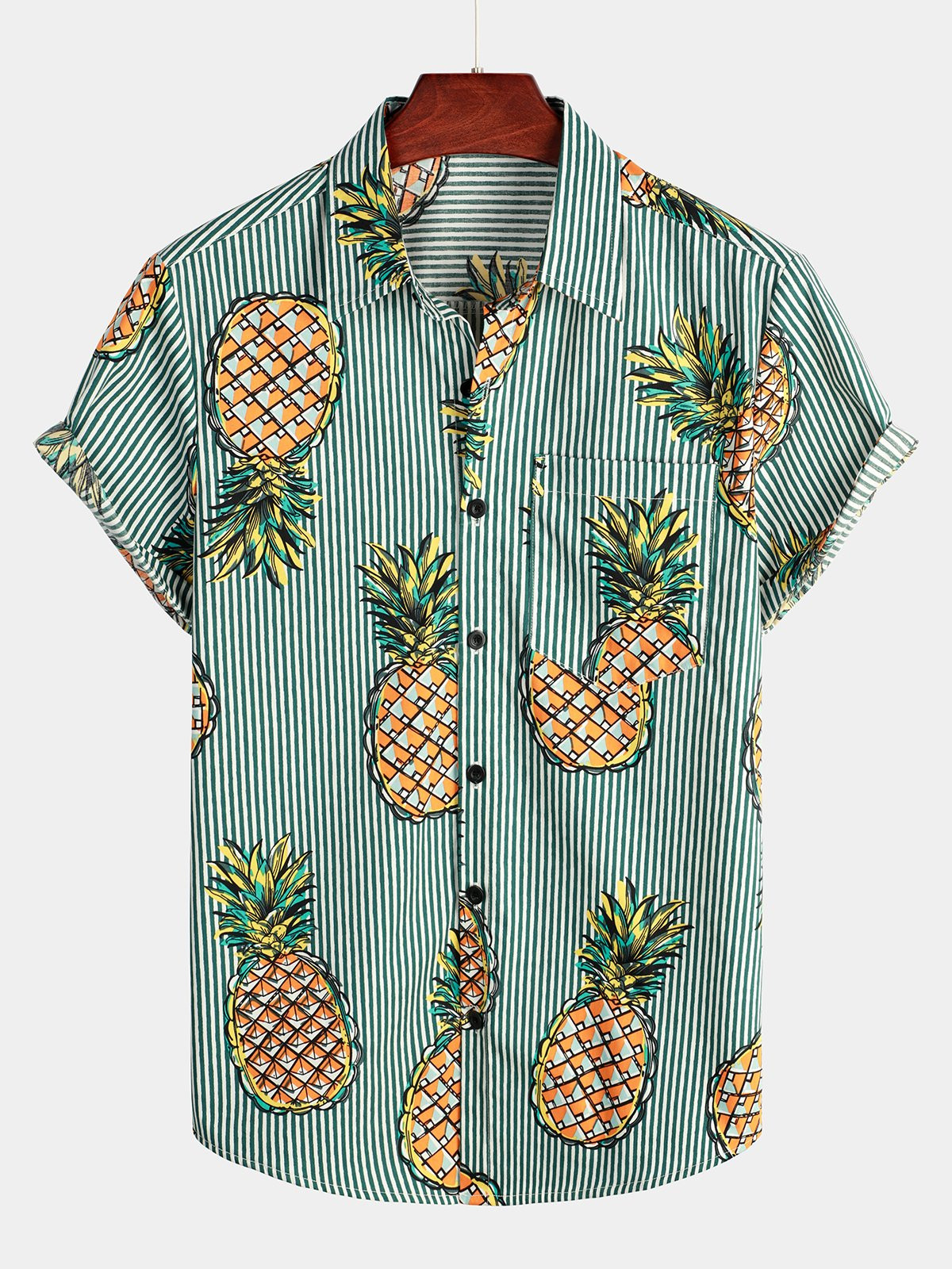 Mens Casual Pineapple Stripe Pocket Cotton Striped Shirt Hawaiian Shirt for Men Women