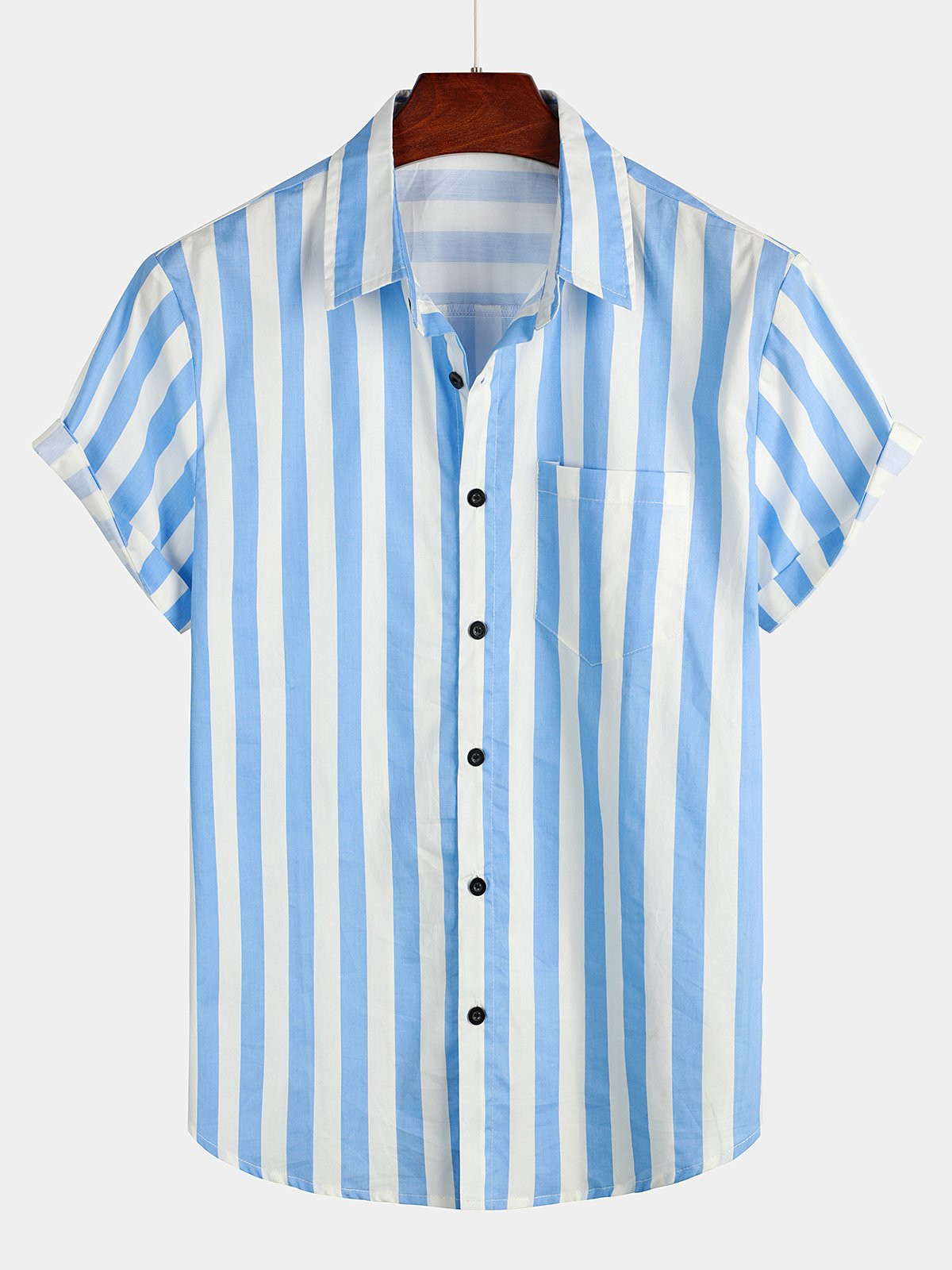 Mens Casual Pocket Vertical Striped Short Sleeve Shirt Hawaiian Shirt for Men Women