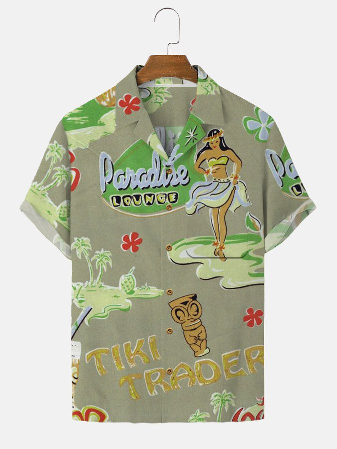 Mens Casual Short Sleeve Green Cotton-Blend Hawaiian Shirt