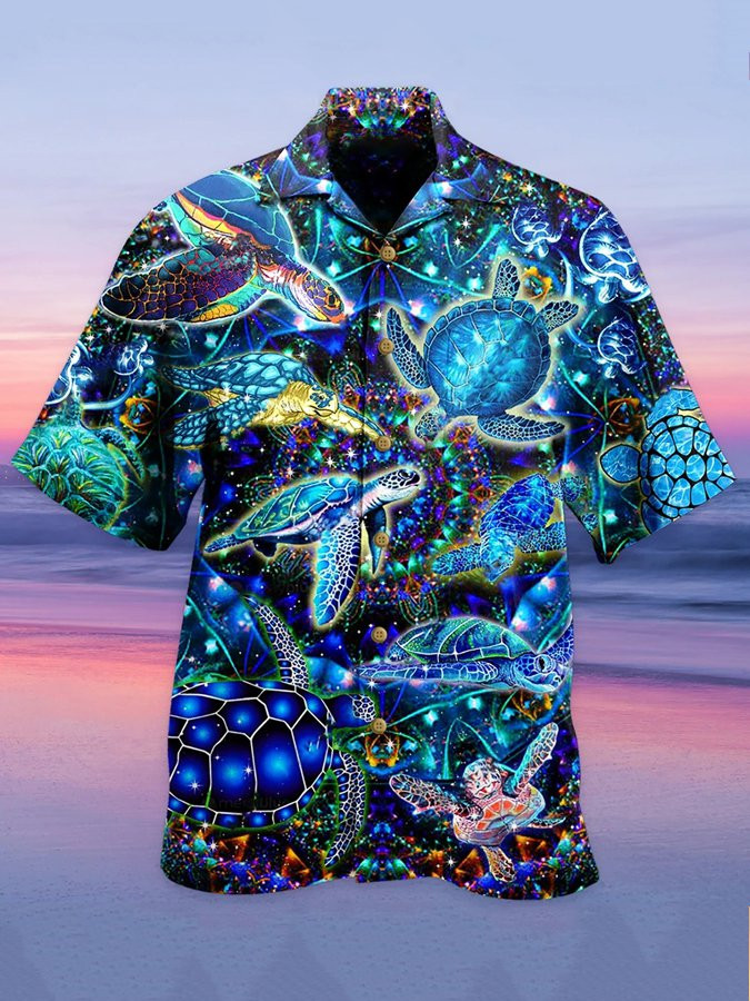 Mens Casual Turtle Print Hawaiian Shirt
