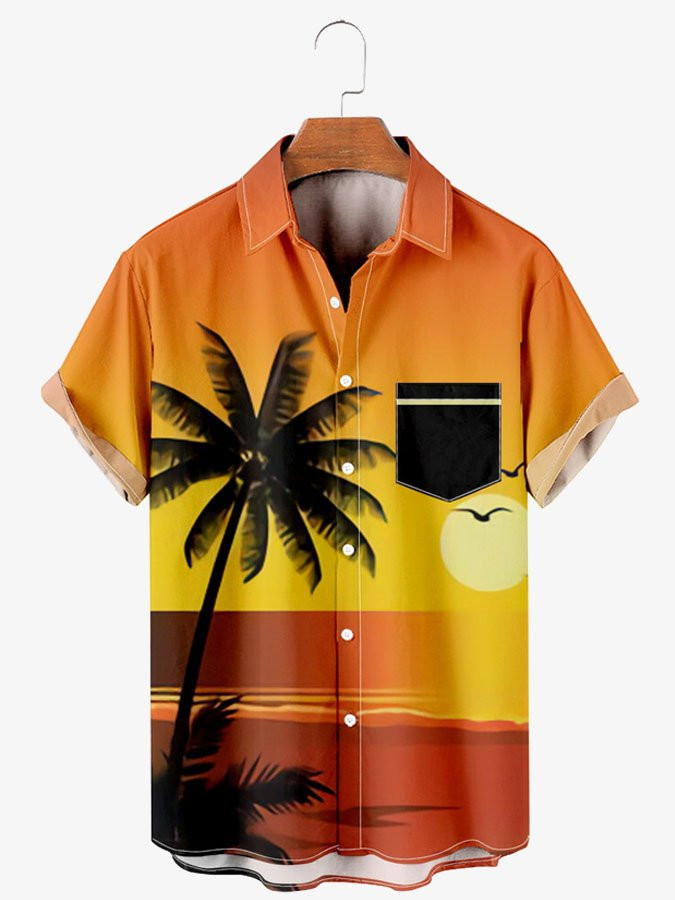 Mens Casual Vacation Sunset Beach Palm Tree Print Short Sleeve Hawaiian Shirt