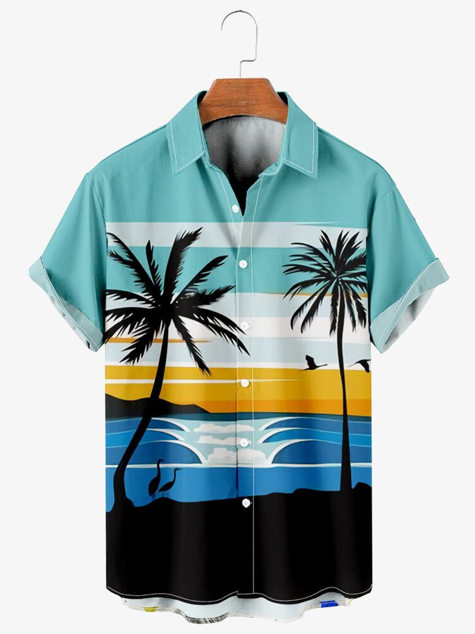 Mens Casual Vacation Sunset Beach Palm Tree Print Short Sleeve Hawaiian Shirt