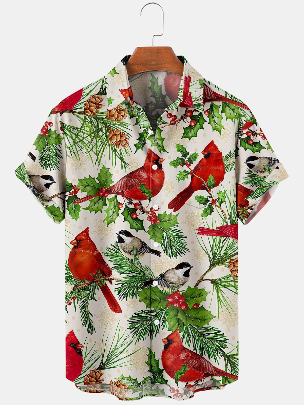 Mens Christmas Holly Bird Print Casual Breathable Chest Pocket Short Sleeve Shirts Hawaiian Shirt for Men Women