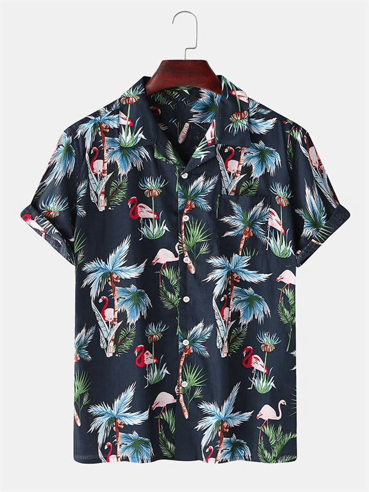 Mens Coconut Flamingo Print Cuban Collar Short Sleeve Holiday Beach Shirt Hawaiian Shirt for Men Women