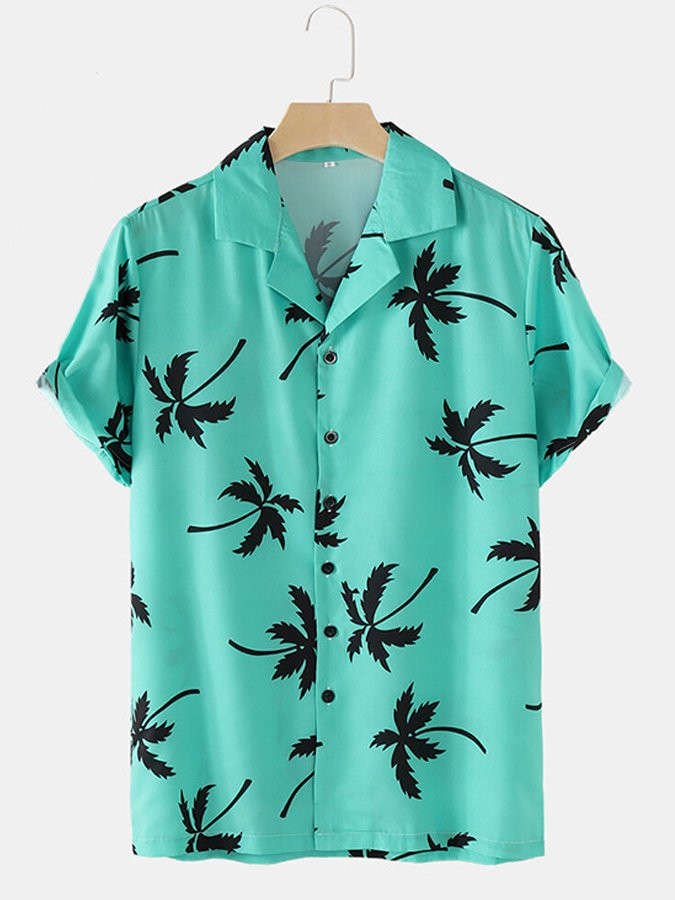 Mens Coconut Print Seaside Hawaiian Loose Beach Shirt