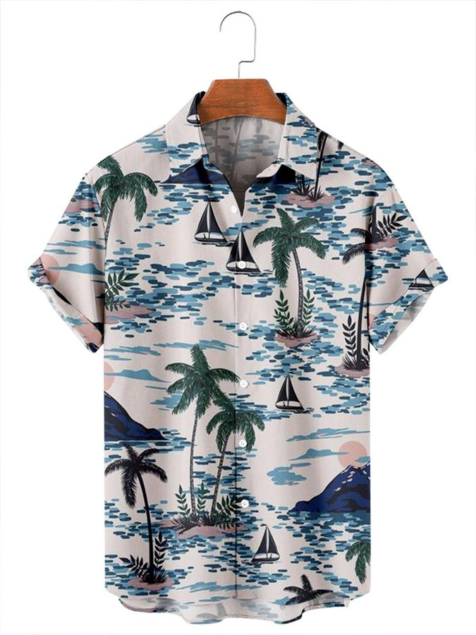 Mens Coconut Tree Beach Surf Casual Print Hawaiian Shirt