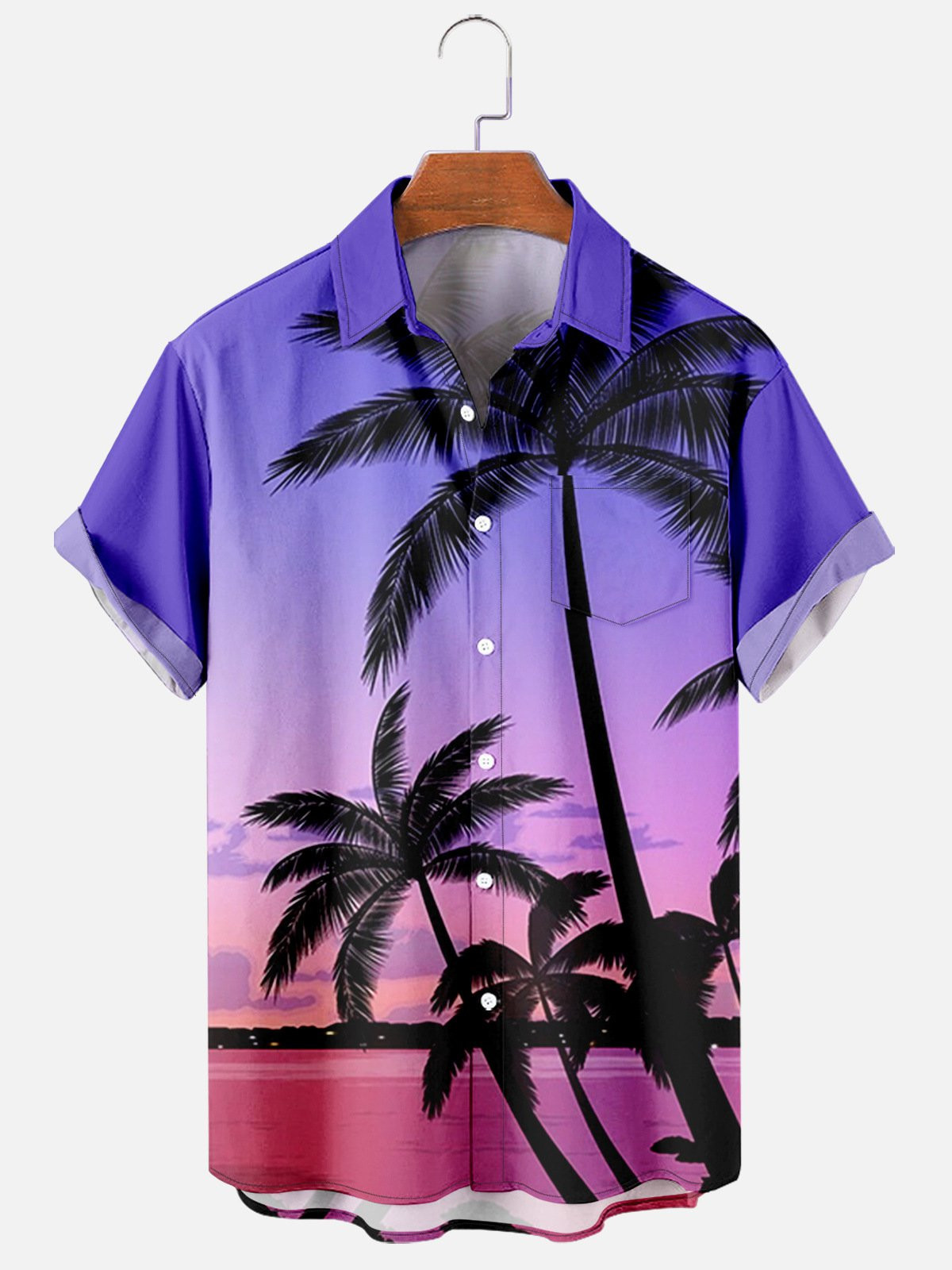 Mens Coconut Tree Print Casual Breathable Chest Pocket Short Sleeve Hawaiian Shirts