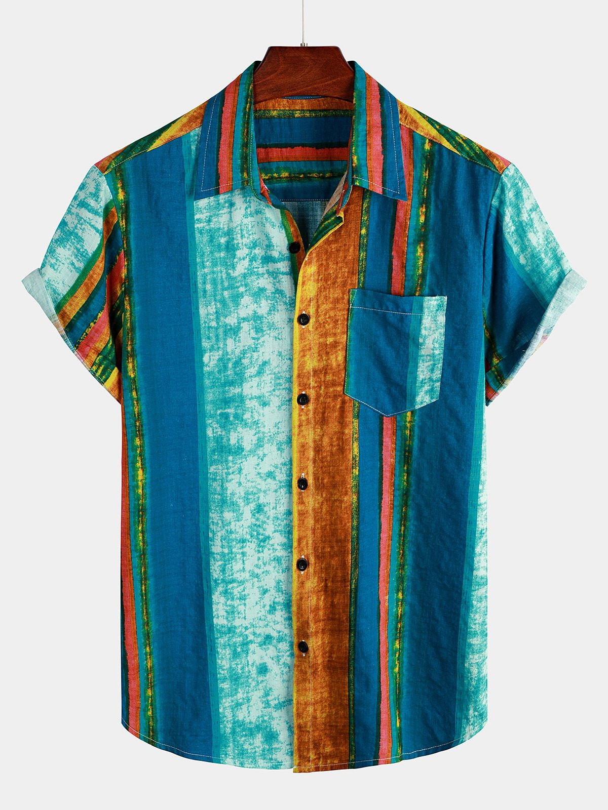 Mens Colorful Breathable Cotton Pocket Short Sleeve Striped Shirt Hawaiian Shirt for Men Women