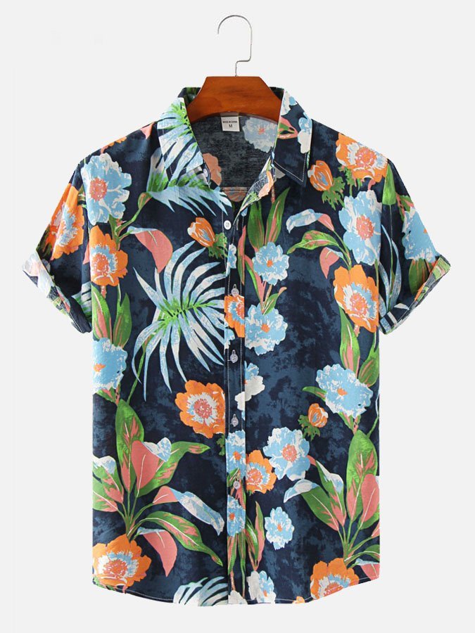 Mens Contrast Floral Pattern Breathable Cotton Blend Short Sleeve Hawaiian Shirt