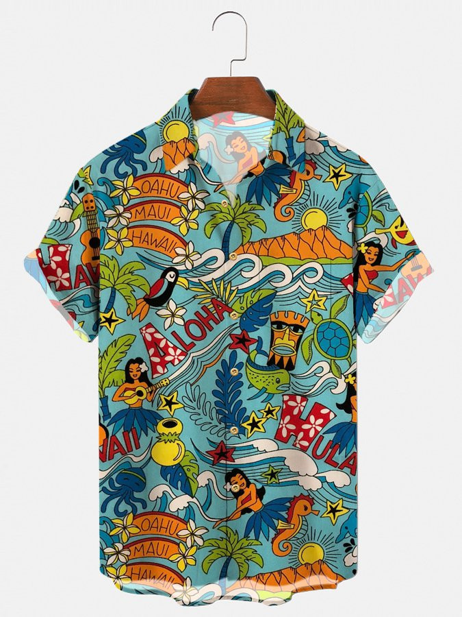 Mens Cool Hula Girl Print Short Sleeve Hawaiian Shirt