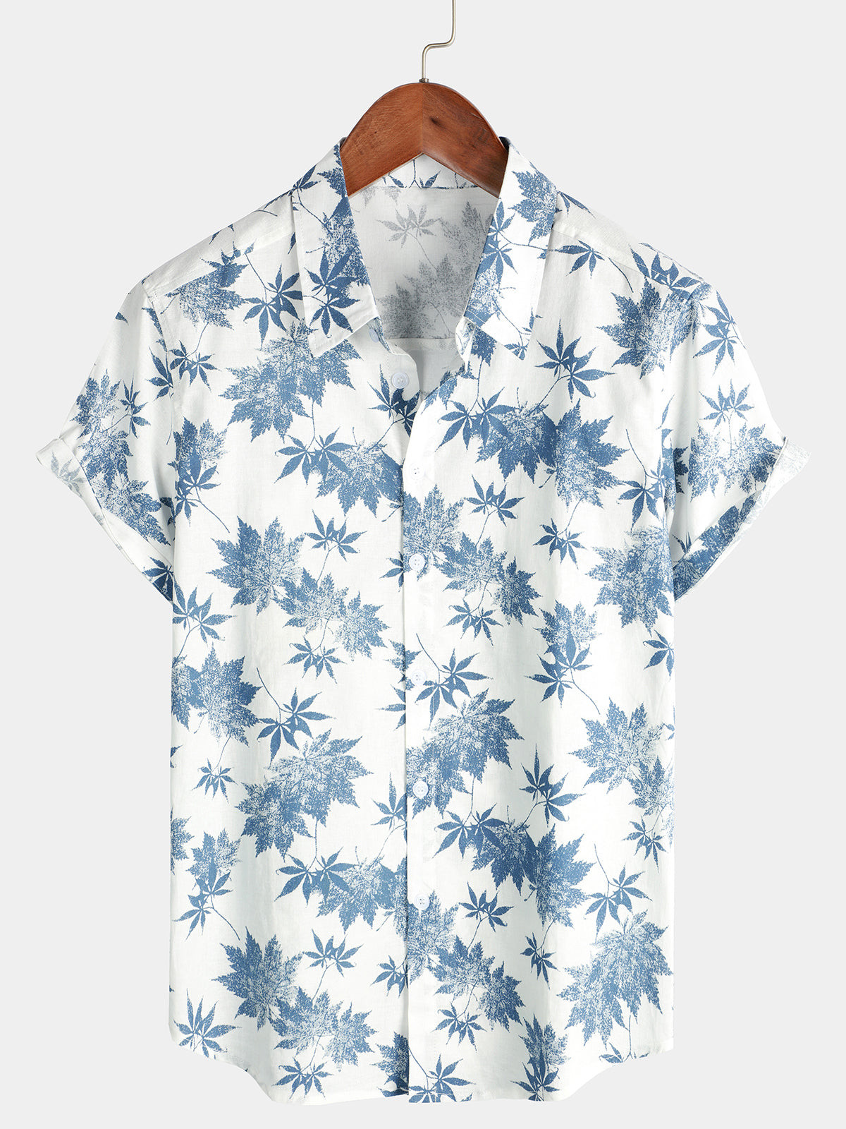 Mens Cotton Linen Maple Leaf Print Breathable Short Sleeve Shirt Hawaiian Shirt for Men Women