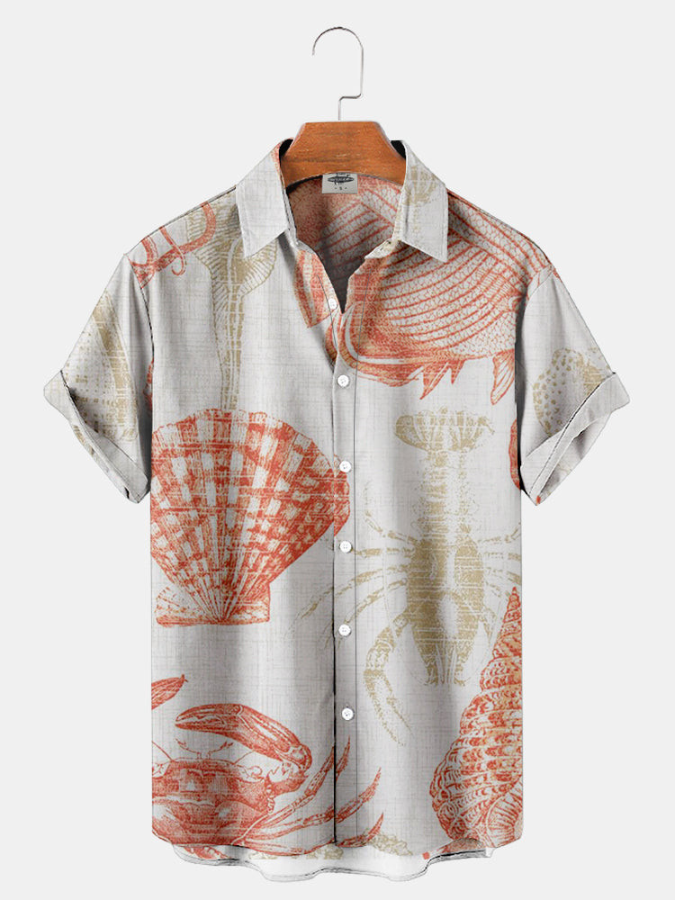 Mens Crab Lobster And Conch Print Hawaiian Shirt Summer Hawaiian