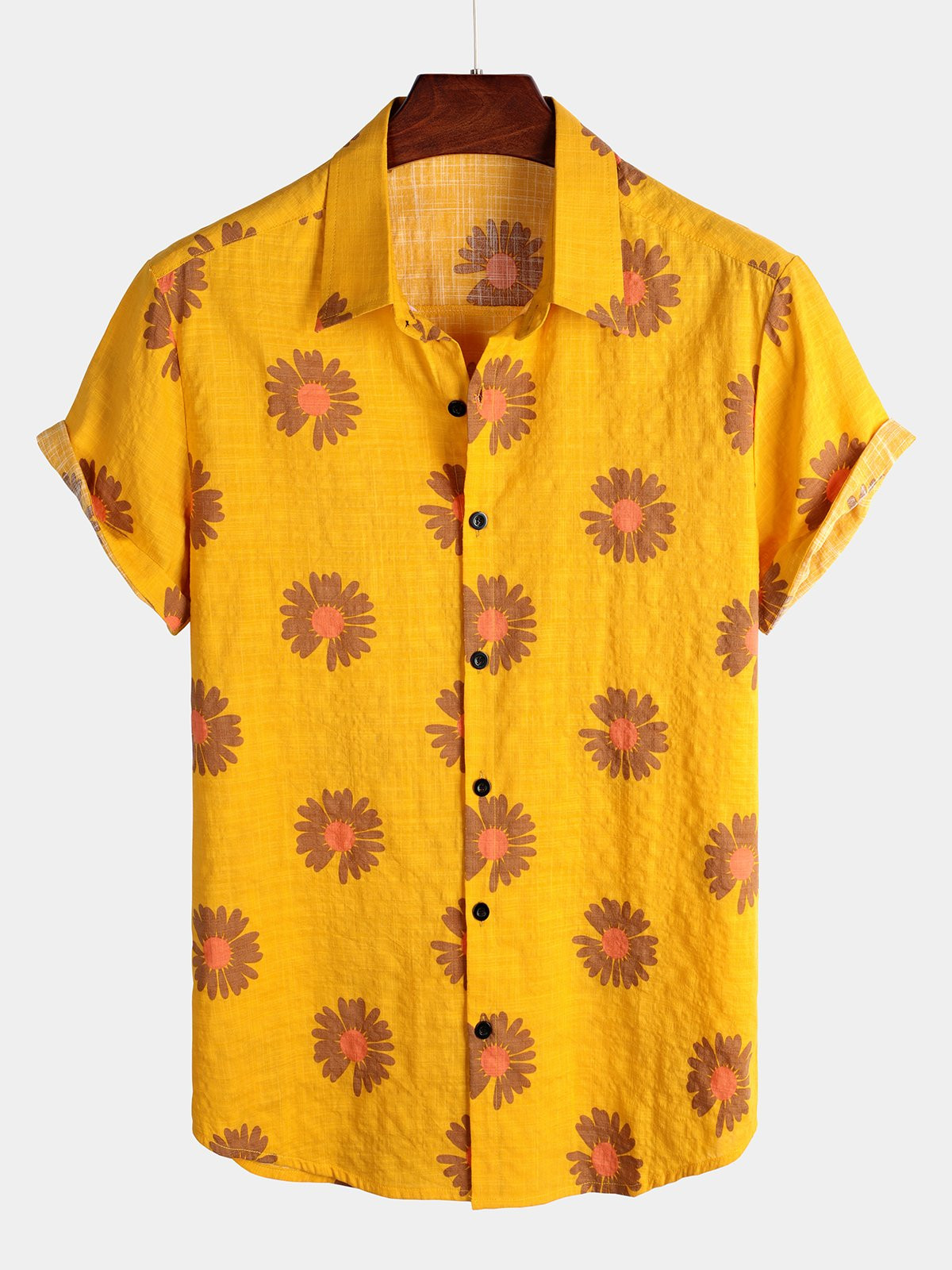 Mens Daisy Print Hawaiian Cotton Yellow Shirt