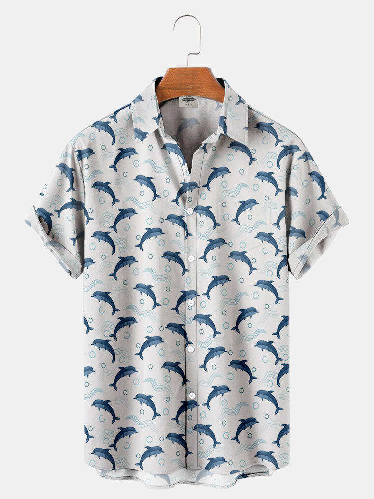 Mens Dolphins Print Hawaiian Shirt Summer Hawaiian, Short Sleeve Hawaiian Shirt