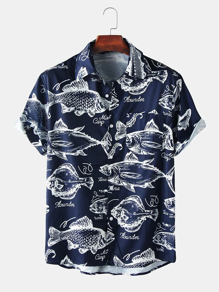 Mens Fishes Print Short Sleeve Casual Hawaiian Shirts With Pocket Summer Hawaiian, Short Sleeve Hawaiian Shirt