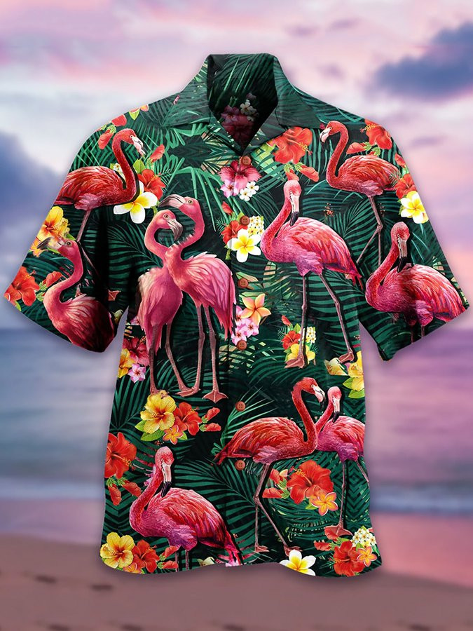 Mens Flamingo Couple Love Flowers Hawaiian Shirt